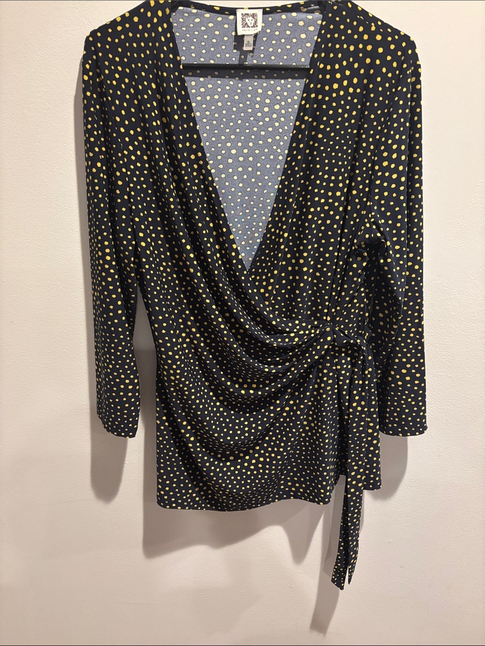 Anne Klein Black Wrap Top with Yellow Polka Dots